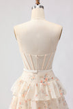 Pink and Red Floral Ruffled Long Corset Tiered Prom Dress with Bow