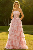 Floral Pink and Red Tiered Maxi Corset Prom Dress with Bow