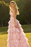 Floral Pink and Red Tiered Maxi Corset Prom Dress with Bow