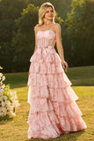 Floral Pink and Red Tiered Maxi Corset Prom Dress with Bow