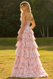 Floral Pink and Red Tiered Maxi Corset Prom Dress with Bow
