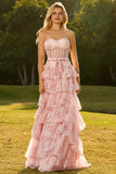 Floral Pink and Red Tiered Maxi Corset Prom Dress with Bow