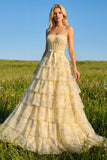Floral Yellow and Blue Ruffled Strapless Maxi Corset Prom Dress