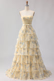 Floral Yellow and Blue Ruffled Strapless Maxi Corset Prom Dress