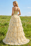 Floral Yellow and Blue Ruffled Strapless Maxi Corset Prom Dress