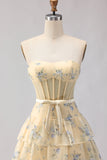 Floral Yellow and Blue Ruffled Strapless Maxi Corset Prom Dress