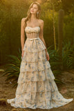 Floral Yellow and Blue Strapless Maxi Corset Prom Dress with Ruffles