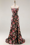 Black Pink Flower Corset Mermaid Long Prom Dress with Slit