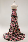 Black Pink Flower Corset Mermaid Long Prom Dress with Slit