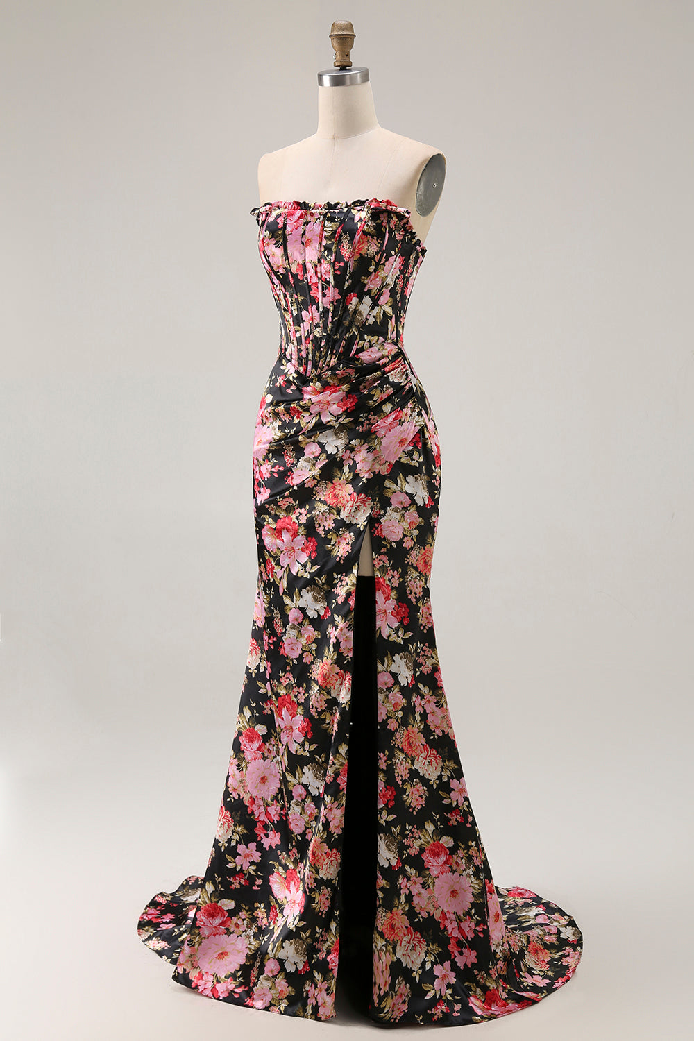 Leely Women Black Pink Flower Corset Long Prom Dress with Slit