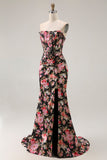 Black Pink Flower Corset Mermaid Long Prom Dress with Slit