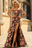 Black and Red Flower Mermaid Long Corset Prom Dress with Slit