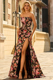 Black and Red Flower Mermaid Long Corset Prom Dress with Slit