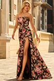 Black and Red Flower Mermaid Long Corset Prom Dress with Slit