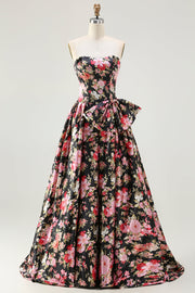 Black and Pink Strapless Floral Corset Long Prom Dress with Bow
