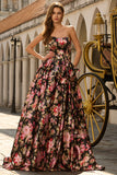 Black and Pink Flower A Line Long Prom Dress with Bow