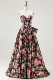 Black and Pink Strapless Floral Corset Long Prom Dress with Bow