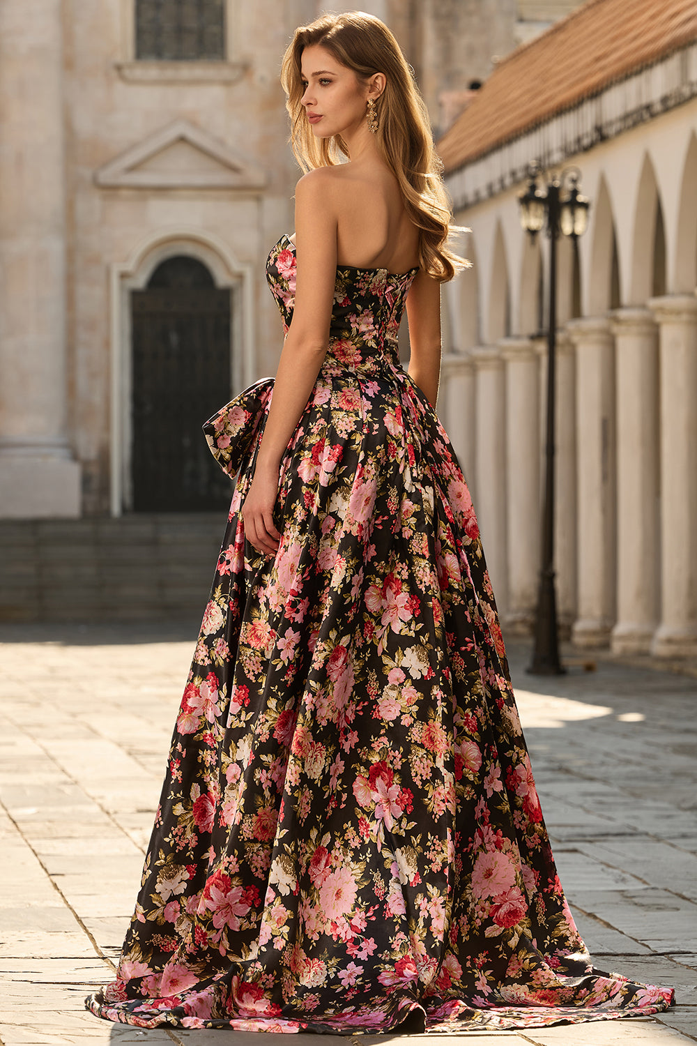 Leely Women Black and Pink Long Prom Dress with Bow Floral A Line