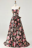 Floral White and Pink Long Corset Prom Dress with Bow