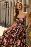 Black and Pink Flower A Line Long Prom Dress with Bow