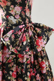 Black and Pink Strapless Floral Corset Long Prom Dress with Bow