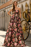 Black and Pink Flower A Line Long Prom Dress with Bow
