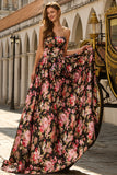 Black and Pink Flower A Line Long Prom Dress with Bow