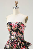 Black and Pink Strapless Floral Corset Long Prom Dress with Bow