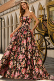 Black and Pink Flower A Line Long Prom Dress with Bow