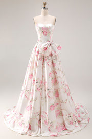 Floral White and Pink Long Corset Prom Dress with Bow