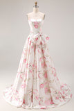 Floral White and Pink Long Corset Prom Dress with Bow