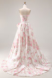 Floral White and Pink Long Corset Prom Dress with Bow