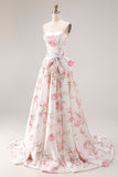 Floral White and Pink Long Corset Prom Dress with Bow