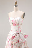 Floral White and Pink Long Corset Prom Dress with Bow