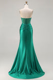 Dark Green Satin Mermaid Strapless Ruched Long Corset Prom Dress with Slit