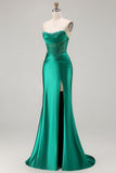 Dark Green Satin Mermaid Strapless Ruched Long Corset Prom Dress with Slit