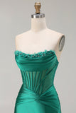 Dark Green Satin Mermaid Strapless Ruched Long Corset Prom Dress with Slit