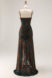 Dark Green Corset Sheath Floral Long Wedding Guest Dress with Slit