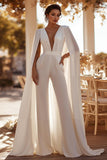 White Sweep Train Deep V-Neck Bridal Jumpsuits with Cape