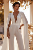 White Sweep Train Deep V-Neck Bridal Jumpsuits with Cape