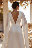 White Sweep Train Deep V-Neck Bridal Jumpsuits with Cape