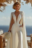 Ivory Cut Out Deep V-Neck Bridal Jumpsuits with Cape