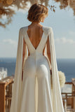 Ivory Cut Out Deep V-Neck Bridal Jumpsuits with Cape