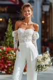 White Long Sleeves Off the Shoulder Bridal Jumpsuits with Lace