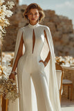 Ivory Keyhole High Neck Bridal Jumpsuits with Pockets