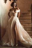 White Off the Shoulder A Line Sweep Train Wedding Dress with Slit