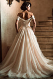 White Off the Shoulder A Line Sweep Train Wedding Dress with Slit