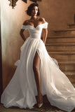 White Off the Shoulder A Line Sweep Train Wedding Dress with Slit
