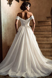 White Off the Shoulder A Line Sweep Train Wedding Dress with Slit