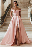 White Off the Shoulder Sweep Train A Line Wedding Dress with Slit